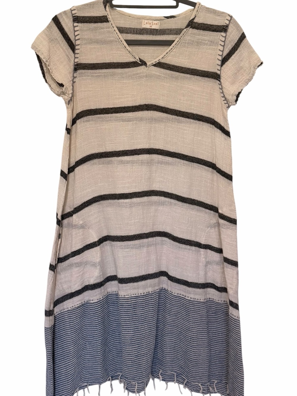 Lula Soul Striped Cotton Crinkle Shift Dress Size XS Boho Fringe V-Neck Pockets